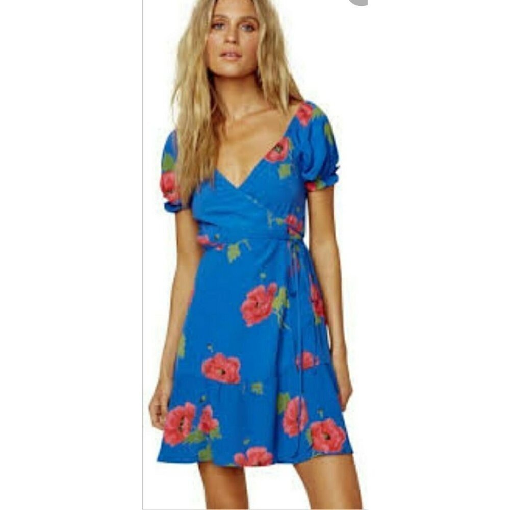 New Flynn Skye Annabelle Mini Wrap Dress Womens S Deep Sea Blue Red Floral